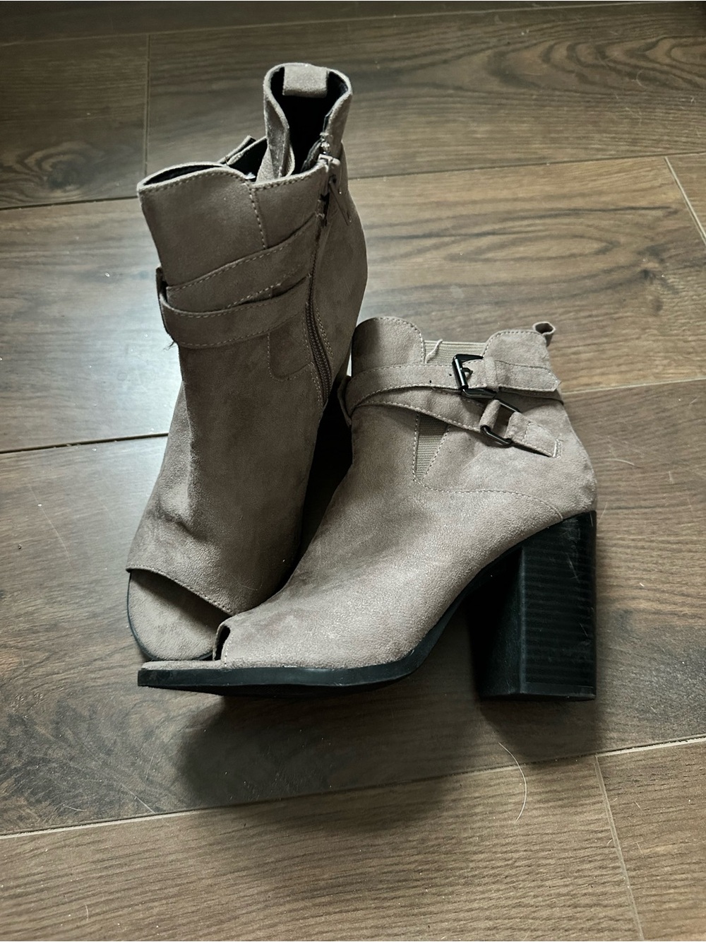 Francesca's Collections Taupe Suede Peep-Toe Ankle Booties